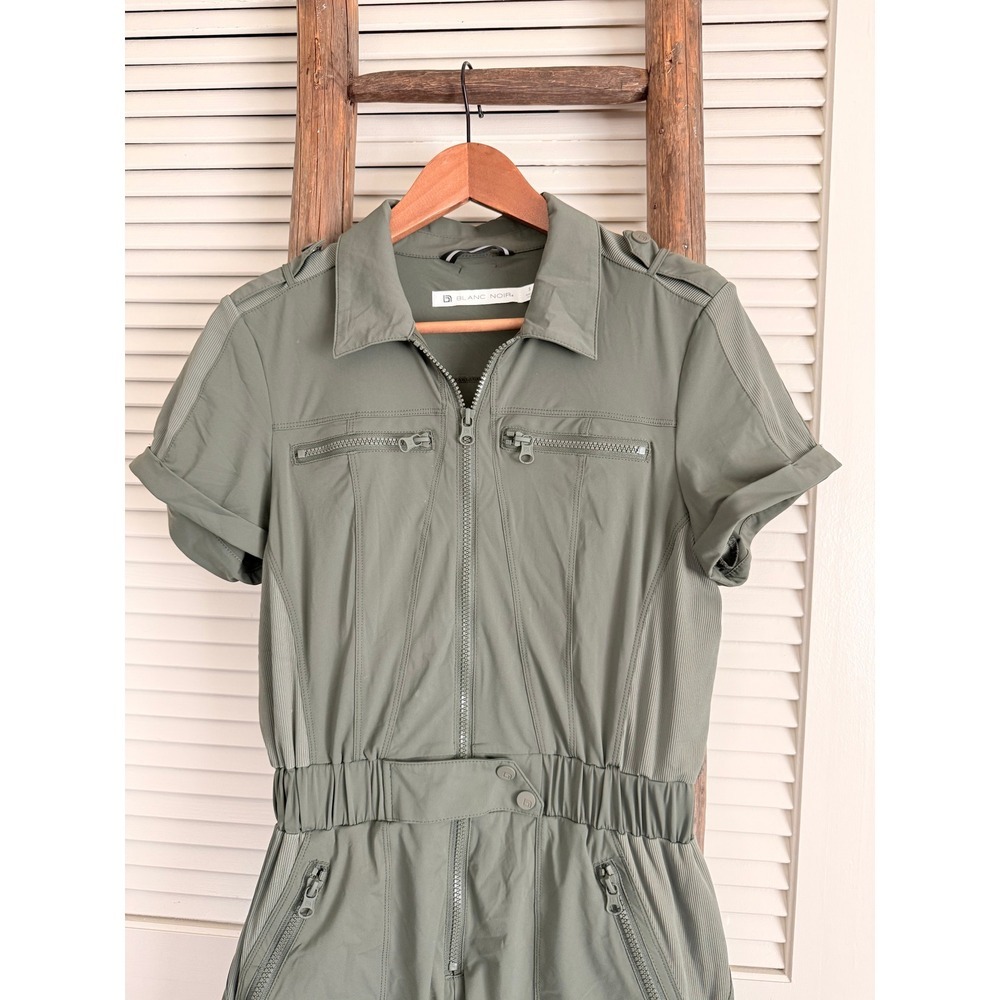 BLANC NOIR Olive Green Utility Romper Jumpsuit Shorts Zip Pockets Size S - Picture 3 of 5